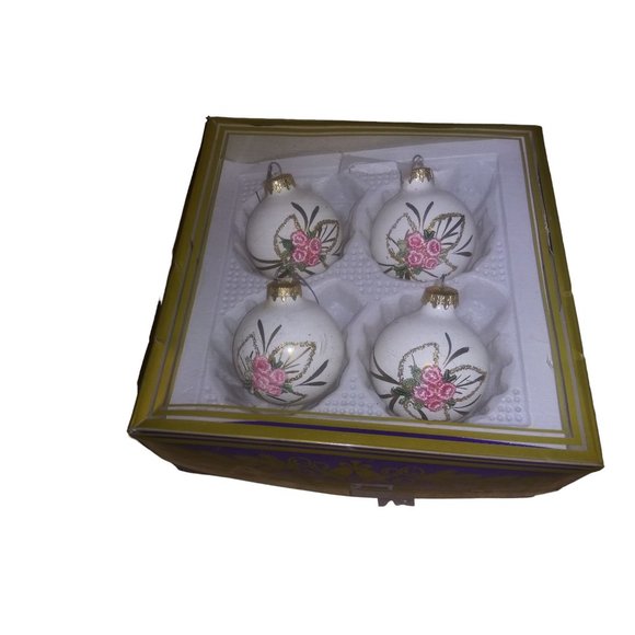 VTG Kurt Adler Pink Floral Glass Ball Ornaments Set of 4 Embroidered Gold Glitte - Picture 10 of 13